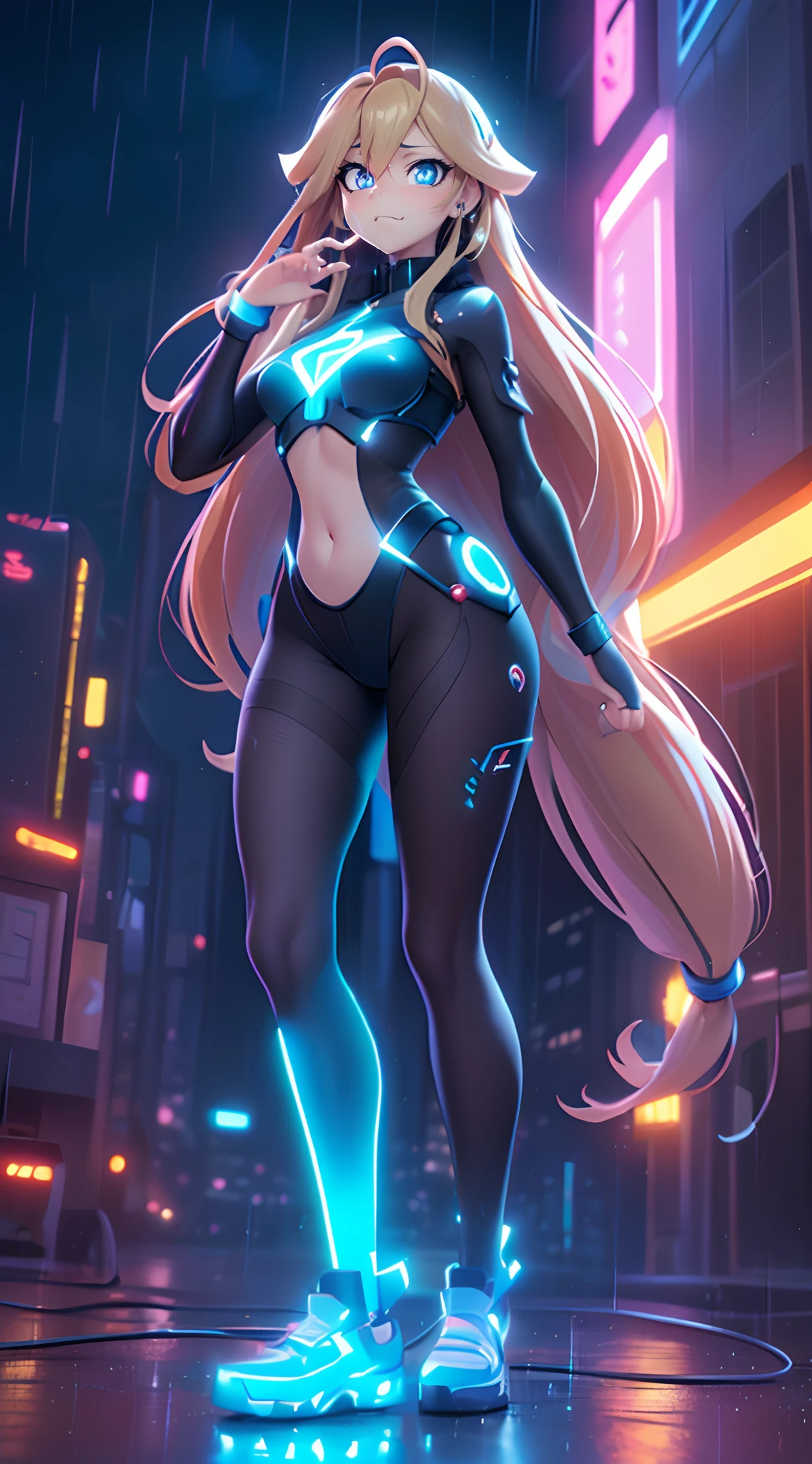 (Dynamic Angle:1.4), ((Full body posing:1.5), (Colorful:1.2), (Highly detailed CG Unity 16K wallpaper:1.1), (Denoising strength: 1.45), (tmasterpiece:1.37), ((Official art)), of the highest quality, (Realistic), Green Cyber Girl, 2 head body,Deformed Character,cute expression, (Super long hair:1.6),voluminous hair,Hair in motion,Golden hair,Glowing eyes,(blue eyess:1.2), wires, (LED:1.3), (a hologram:1.2), ((Barking Pose:1.5)),((dynamicposes:1.5)),futuristic city street, Neon light, Skyscrapers, (Night:1.2), (Rain:1.2), (Rainbow Model:1.2), 8K resolution, (Anime style:1.3), Cinematic lighting, chromatic abberation, spark of light, Ray tracing, blending, ultra wide-angle, Hasselblad, (masutepiece), (masutepiece), ((Best Quality)), ((masutepiece)), nffsw