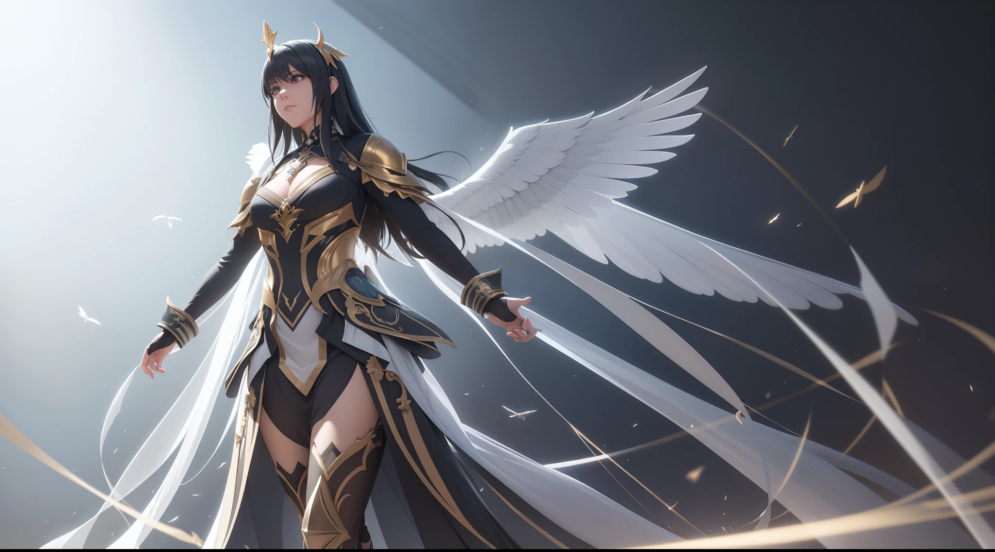 Divine six-winged archangel，Long dark gray hair，Loose hair，Male as the main body of the character，White and gold wings，Float in the divine light，Hypocritical expressions，Art that doesn't exist，Correct ray casting，Correct shadows，Multi-layered，Super clear，8K分辨率，Precise details at best quality ,Masterpiece, Extremely detailed ,CG，8K wallpaper, Amazing, finedetail, Masterpiece,Best quality，Ultra detail，best qualtiy，tmasterpiece，Multi-layered，Correct ray casting，Shadow detail，Ultra-clear，Authentic textures，Volumetriclighting，rendering by octane，clear outfit design，adorned in majestic attire，Ray traching，NVIDIA RTX，Unreal 5， sub surface scattering，PBR textures，Anisotropic filtering， MAXIMUM DEFINITION，Many-Layer Textures，Albedo e mapas Speculares， Surface coloring，Accurate simulation of light-material interactions，perfectly proportions