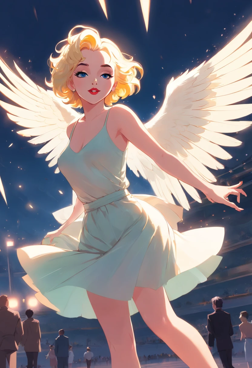 Anime girl with white wings in a blue dress and a crowd of people - SeaArt  AI