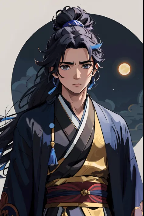 Un primer plano de una persona con cabello largo negro con acentos azules con un kimono negro azul y dorado, Chico guapo en el a...
