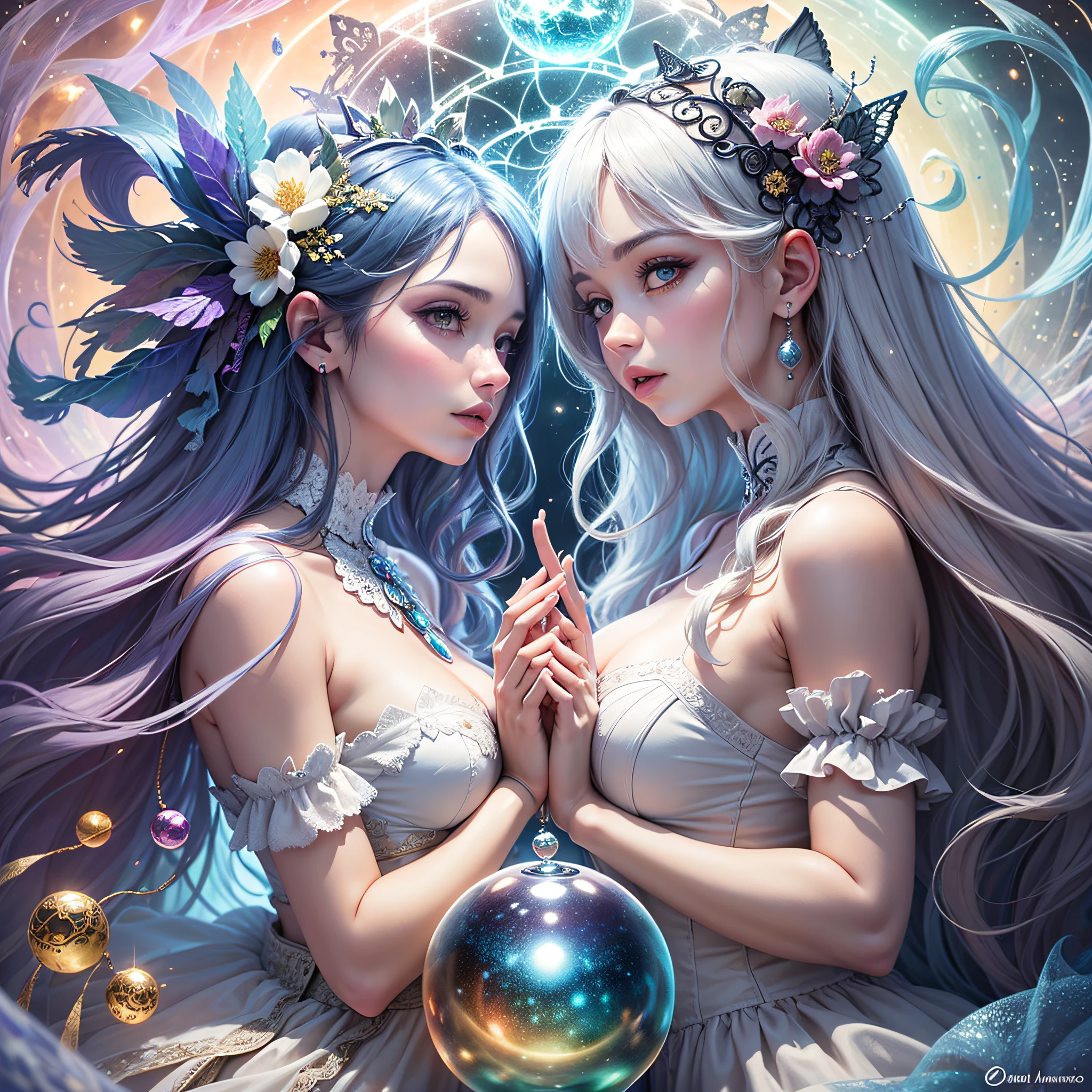 Dos hermosas chicas anime con cabello largo y flores en el cabello - SeaArt  AI