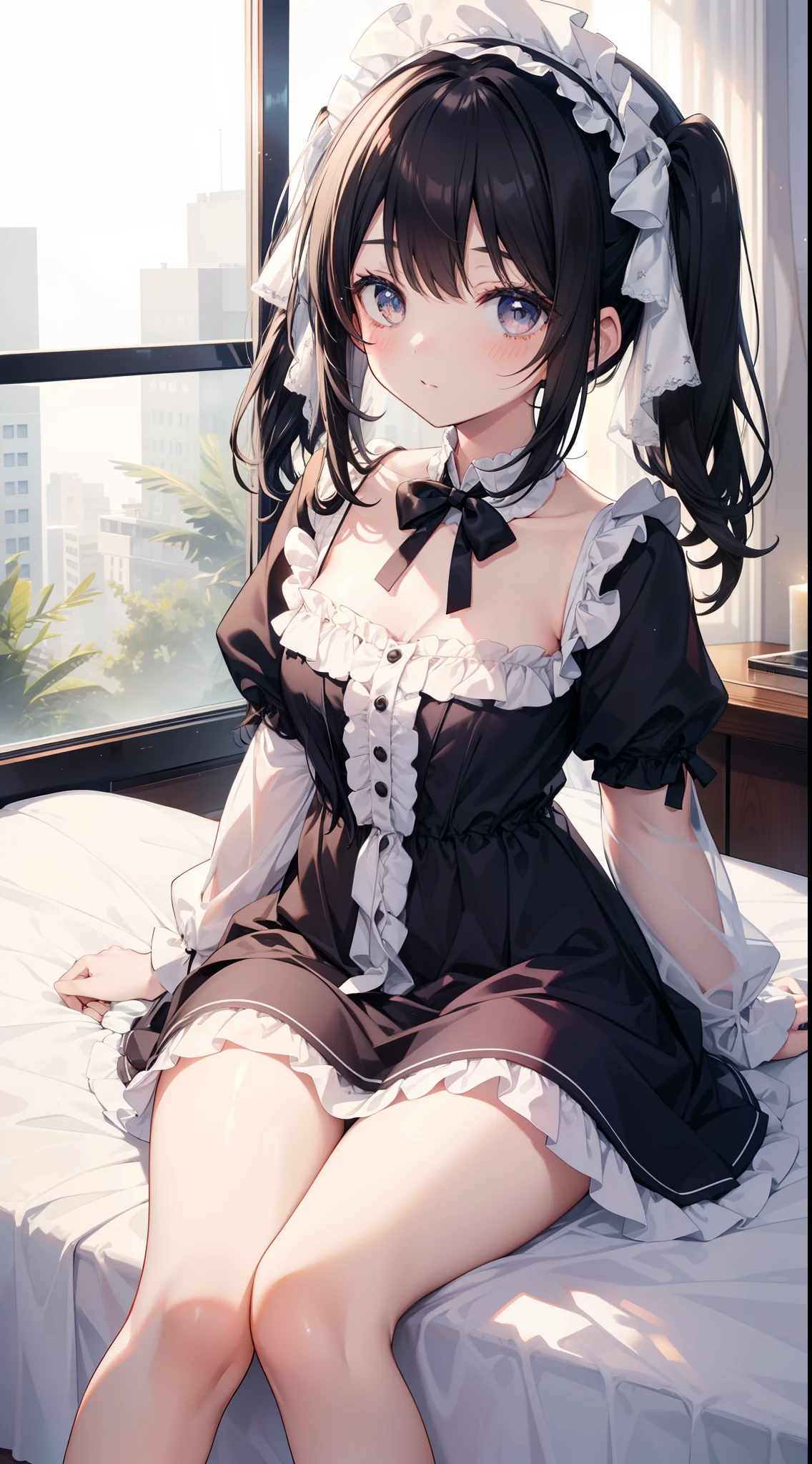 Anime girl in maid outfit sitting on bed with city view - SeaArt AI