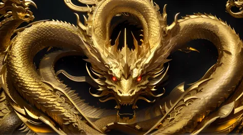 there is a gold dragon sculpture with red eyes on a black background, golden dragon, intricate ornate anime cgi style, chinese dragon, smooth chinese dragon, china silk 3d dragon, chinese dragon concept art, king ghidorah, chinese dragon engrave, ancient c...