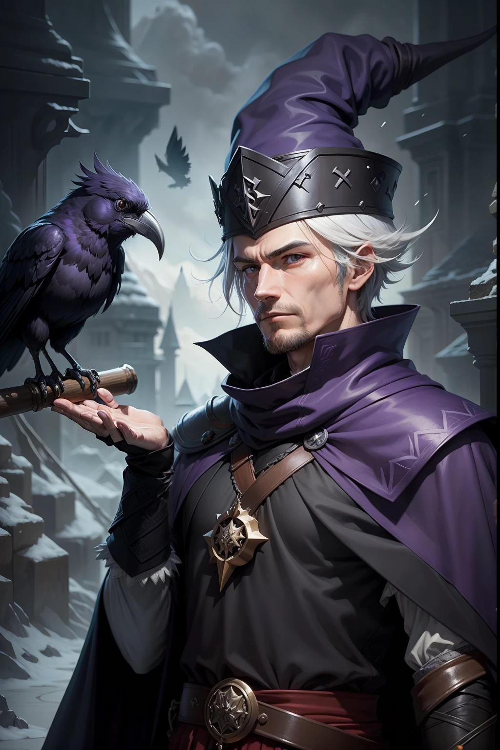 a wizard with a raven on his shoulder --3:2, rpg maker vx, assets,2d, ultra detailed, spliter/7