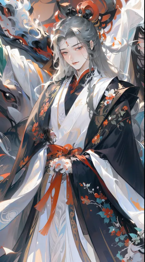 Anime characters with black hair and white horses, flowing hair and long robes, heise jinyao, beautiful male god of death, handsome guy in demon killer art, onmyoji portrait, Inspired by Seki Dosheng, by Yang J, zhao yun, Beautiful androgynous prince, Insp...