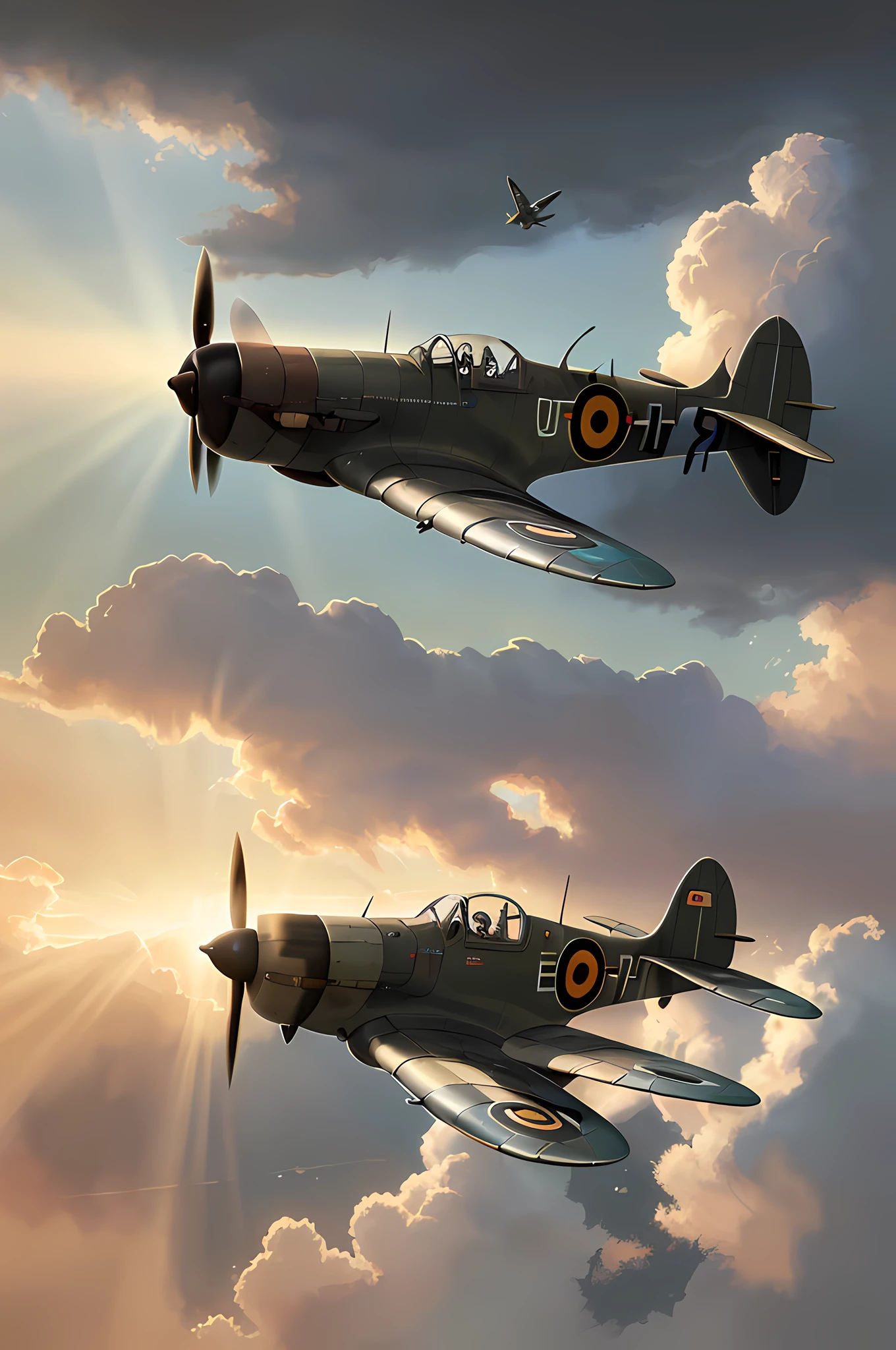 a picture of a Spitfire plane, flying in the sky, cloudy skies background, an epic a Spitfire plane (best details, Masterpiece, best quality :1.5) birds view, sun rays, divine rays, sense of awe, majestic atmosphere, ultra best realistic, best details, best quality, 16k, [ultra detailed], masterpiece, best quality, (extremely detailed), ultra wide shot, photorealism, depth of field, hyper realistic painting, Waiting to start