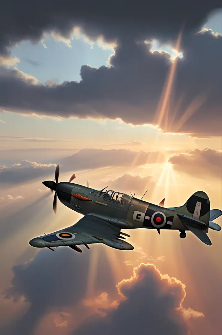 a picture of a Spitfire plane, flying in the sky, cloudy skies background, an epic a Spitfire plane (best details, Masterpiece, ...