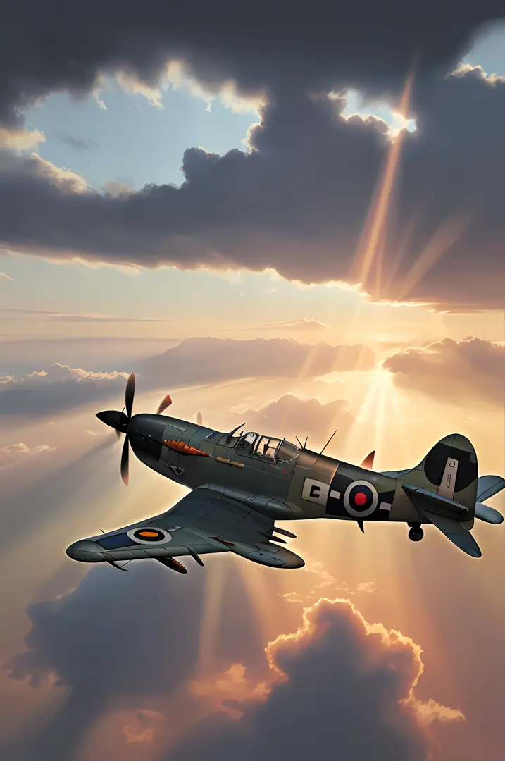 a picture of a spitfire plane, flying in the sky, cloudy skies background, an epic a spitfire plane (best details, masterpiece, ...