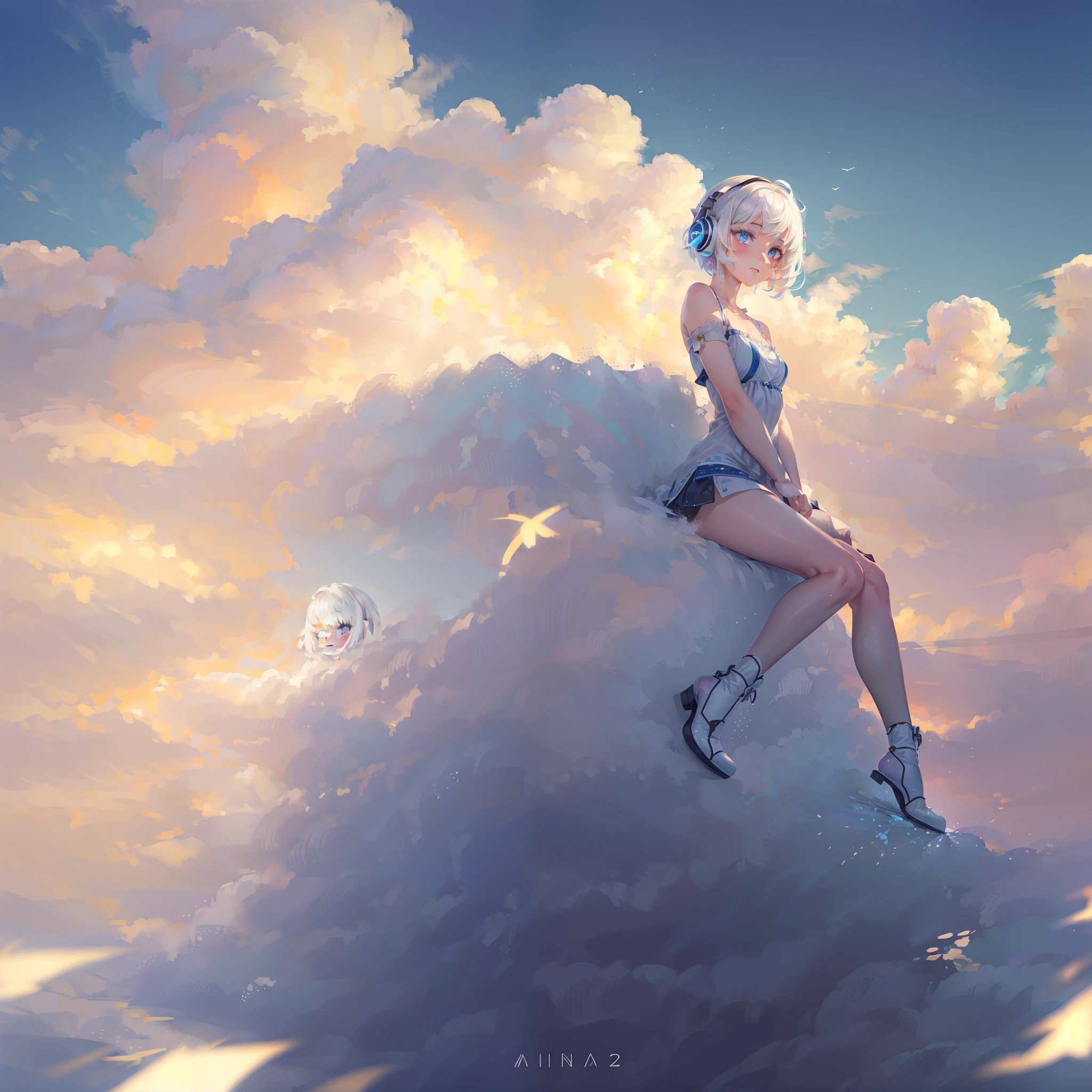 (Masterpiece), (art work),, (Detailed eyes), (Delicate skin), (heterochromatic eyes), (Multicolored), (Short white hair with bangs), (Sparkling eyes), (1girll) wearing headphone, sitting on the white clouds in the sky:1.4, Masterpiece, Best quality, Best Singing Singer, Best Illustration