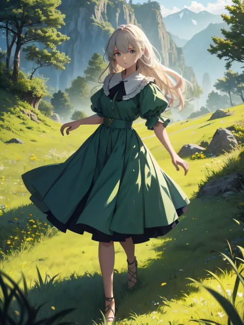 In a green meadow stands a girl leading a group of knights.
BREAK
With a brave expression, she guides them towards their destination.
BREAK
Behind her, a green forest stretches out and beyond that, mountains rise in the distance.
BREAK
The most suitable ef...