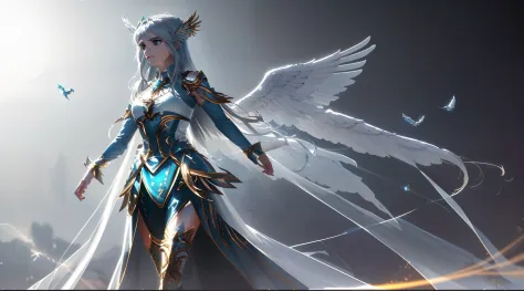Divine six-winged archangel，Long dark gray hair，Loose hair，White and gold wings，Float in the divine light，Hypocritical expressio...
