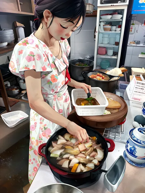 Woman in kitchen preparing food in a pan on the table, Cooking, nostalgic feeling, delicacy, 🤬 🤮 💕 🎀, Cooked, nostalgic vibes, v...