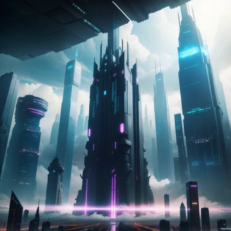 cyberpunked、Futuristic cities、planet earth、Skyscrapers towering through the clouds　cyberpunked.ＳＦart by、Utopian City、There is a super huge waterfall、Megacities、dream、top-quality　​masterpiece、Beautiful cities of the future　A space station