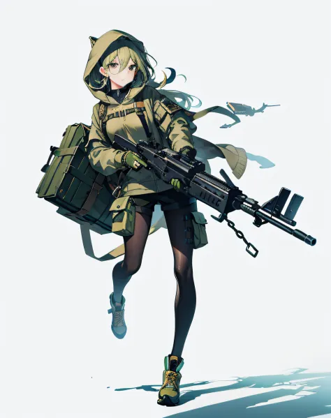 （masterpiece1.3）（Best quality at best：1.2）（Ultra fine illustration 1.2）high high quality，high detal，extremely detaile，White background,, A woman,  Thin hoodie, Carry the half-open olive green canvas chain cross-body bag，With ammunition box, （Hold the rotar...