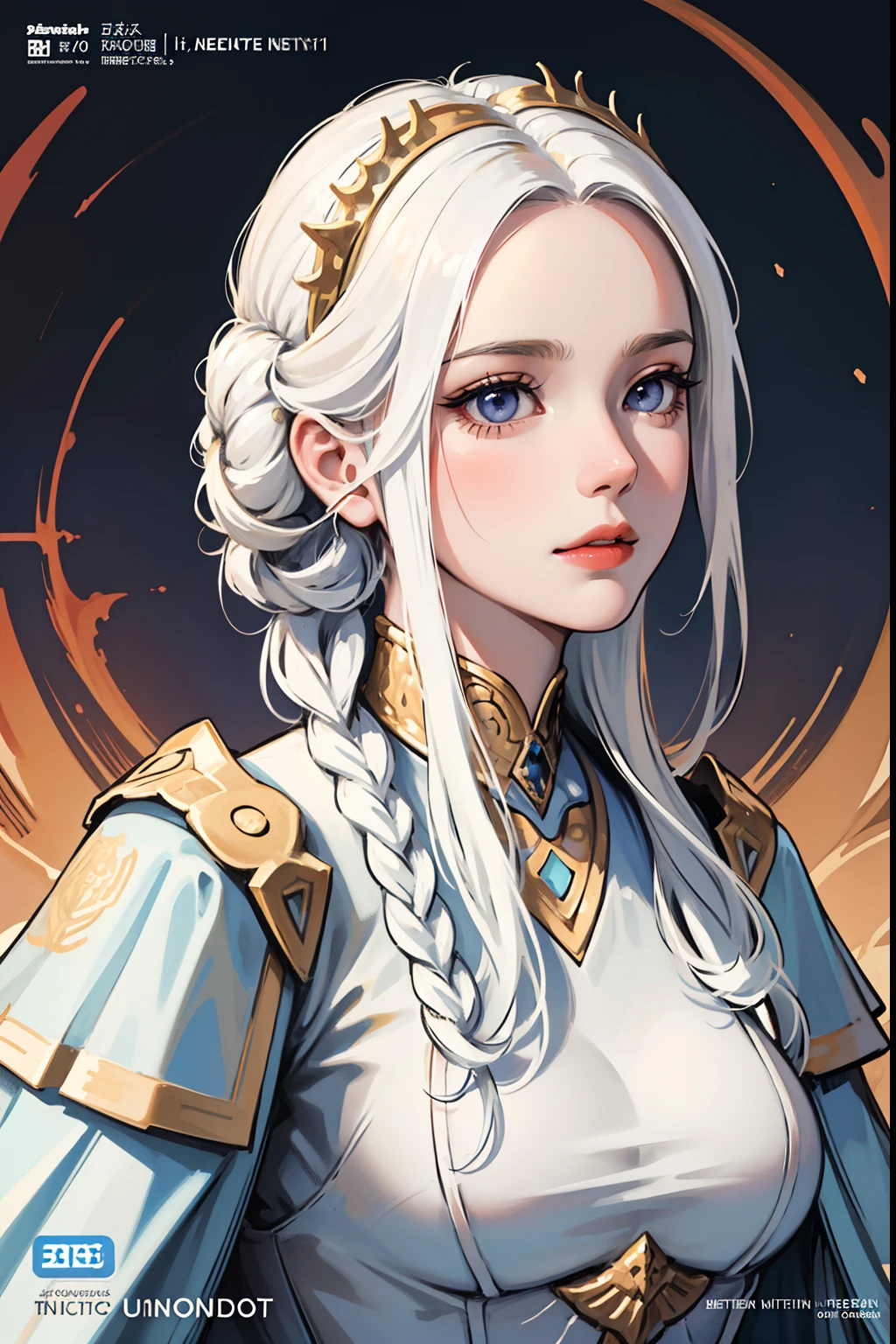 (masuter piece,Best Quality,Ultra-detailed), (A detailed face), Edelgard von Hresvelg, Movie Posters, hight resolution, 1girl in, (front-facing view), White hair, length hair、Braided side locks, Gold Eye, Emperor's costume, The upper part of the body, flat-chest, (Beautiful Detail Eye: 1.1), (Detailed hand), (Detail light: 1.1), sports, Film Light, Pale skin type, (looking at the viewers), (magazine:1.3), (cover-style:1.3), Textured skin, Super Detail, Tarot Boundary, border, Alfonse Mucha, Dynamic streaks, locus:1.2, Dim color scheme, portraitures, Look at viewers, solo, (full body Esbian:0.6), A detailed face, soft smiling, Dynamic Poses, (Ancient Mesopotamian theme), Sumerian, Mesopotamian mythology, Uruk, ziggurat, Demigod, white robes, laurel, (A thriving civilization), Ancient palaces, stars, particles floating, Fire emblem