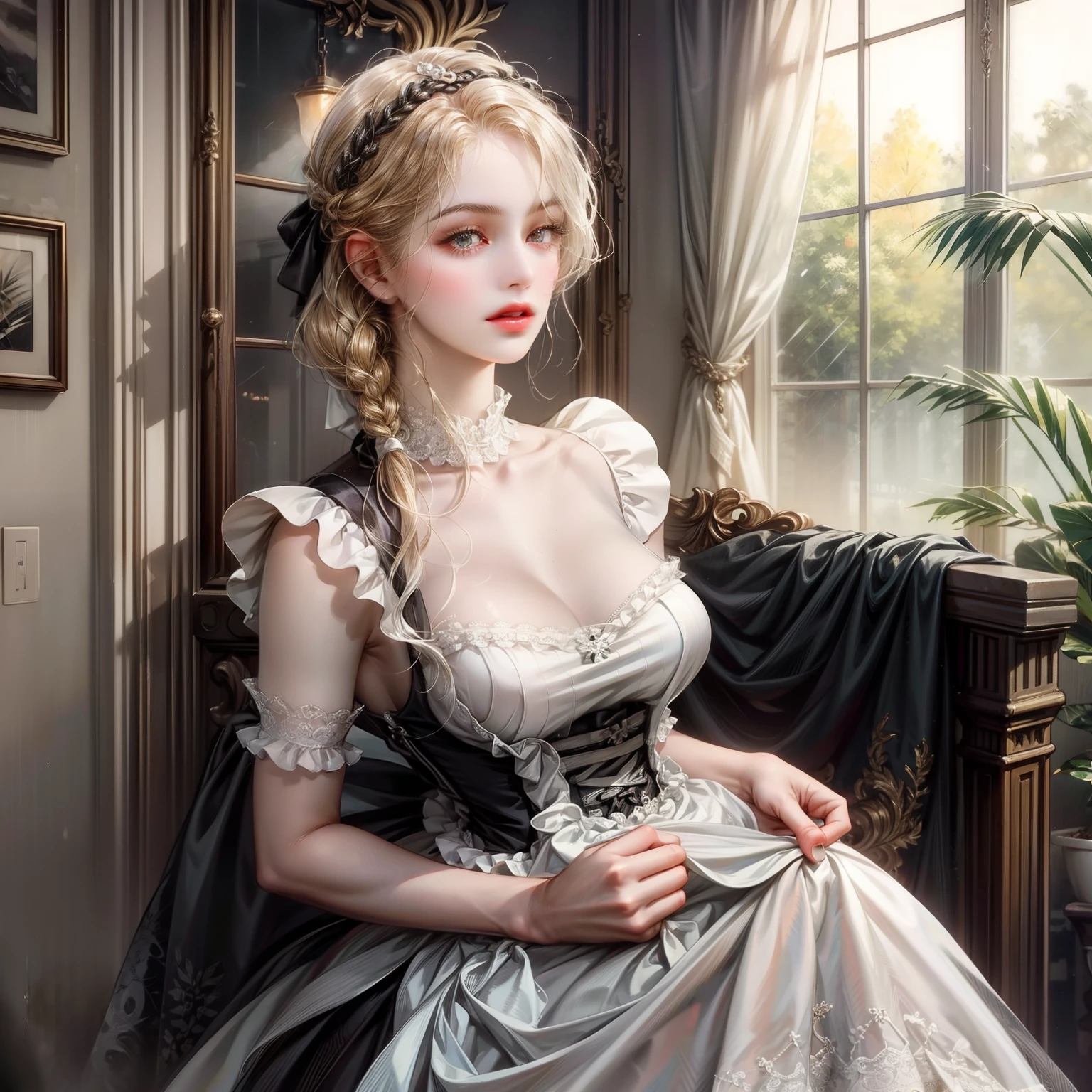 Close-up photos, Confident young beautiful adult woman with blonde hair and white hair in ponytail, Maid in black and white ruffled clothes, で, Photorealistic, Cinematic lighting