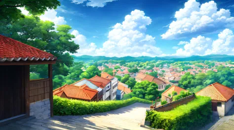 beautiful anime scenery，author：Shinkai sincerely，beautifull puffy clouds，Green plants，Villages in the distance