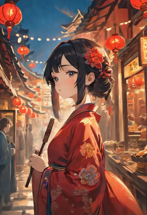 "high-quality artwork of a teenage girl with black hair holding a sugar-coated hawthorn skewer in a traditional Chinese setting. She is wearing a dragon-patterned qipao gown:1.4 with intricate details and vibrant blue color. Surrounding her is the backgrou...