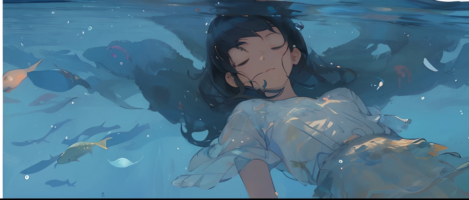 Anime image of a woman floating in the water with her head in the water,  anime girl walking on the water, today's featured anime stills, (( ( ( (  Yoshinari Yoh ) ) ), animated stills - SeaArt AI