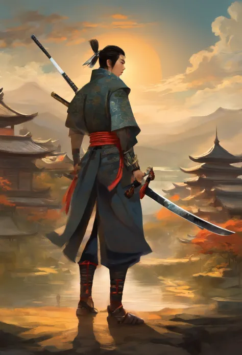 A young boy dressed as a samurai with a katana..., Walk in a mysterious village, sharp, lifelike, Sky before rain, breeze, aristocratic samurai, There are people walking in the village.., Full-body photos, Edo period,