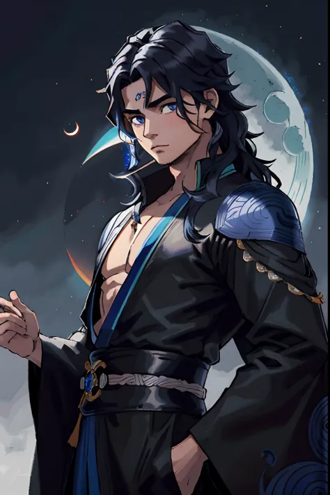 Hombre alto musculoso con kimono de color negro y azul parado frente a un eclipse, cabello de color negro con acentos azules, OJ...