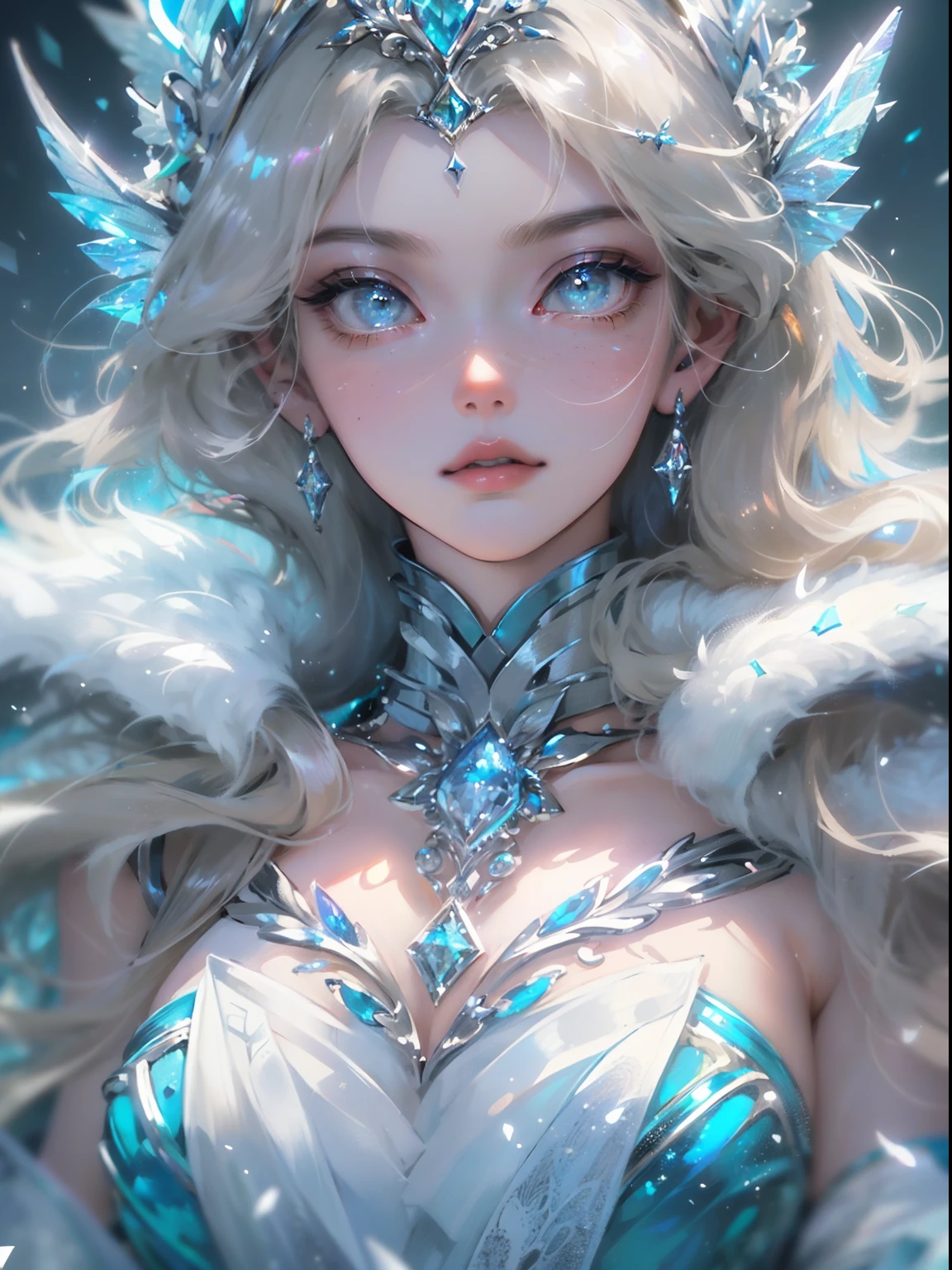 (((Masterpiece))), (((Best quality))), ((Ultra-detailed)),(Highly detailed CG illustration), ((An extremely delicate and beautiful)),Cinematic light, Create stunning fantasy artwork，Complicated details，queen of ice，whaite hair，medieval dress，full bodyesbian，blue color eyes（Eyes detailed），sparkle eyes，Ice World，Powerful power appearance、bravery、Enterprising and humanitarian