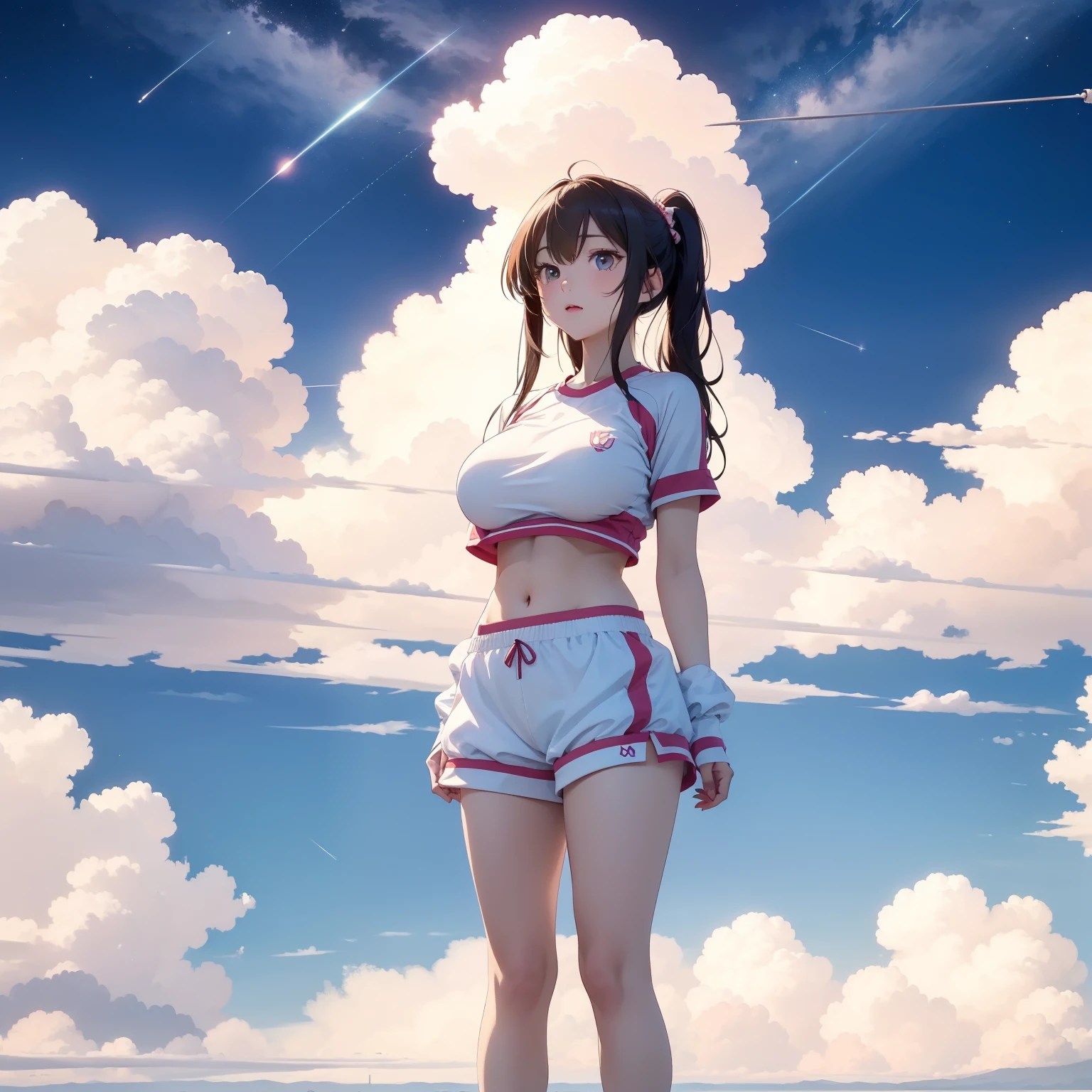 Kizi，beautifull puffy clouds，Colorful clouds，A high resolution，anime big breast，on cloud,in a panoramic view，Faraway view，Full body like（4K）（A high resolution）（Girl in sportswear looking up at the stars in the clouds），vivaciousness，adolable，Perfect mood