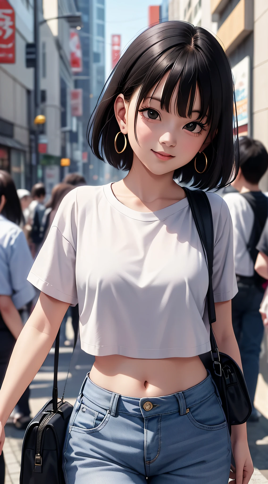 pan from dragon ball anime, short hair, black hair, bangs, black eyes, pretty, beautiful woman, perfect body, perfect boobs, wears white formal shirt, black blazer, black trousers, carries bag, wears watch, wears earrings earrings, in public, creatures in tokyo city, on the street, looking at the viewer, a slight smile, realism, masterpiece, textured leather, super detail, high detail, high quality, best quality, 1080p, 16k