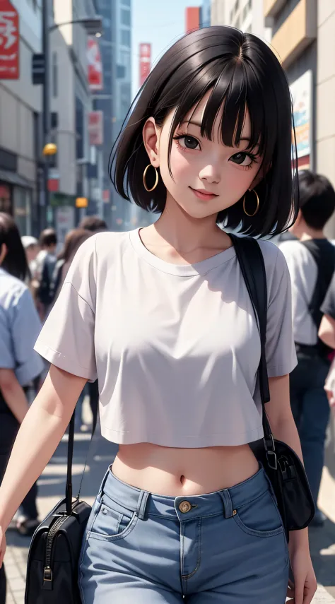 pan from dragon ball anime, short hair, black hair, bangs, black eyes, pretty, beautiful woman, perfect body, perfect boobs, wea...