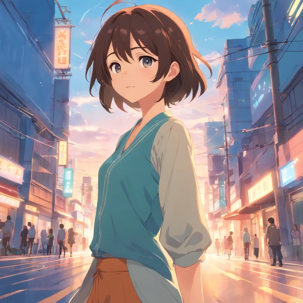 A woman in a blue shirt and brown skirt standing in a city - SeaArt AI