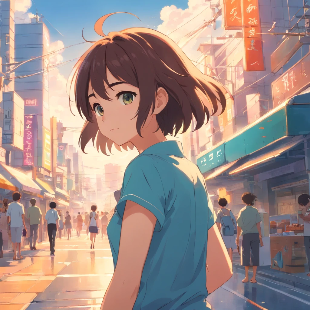 Anime girl in blue shirt standing on street with buildings in background -  SeaArt AI