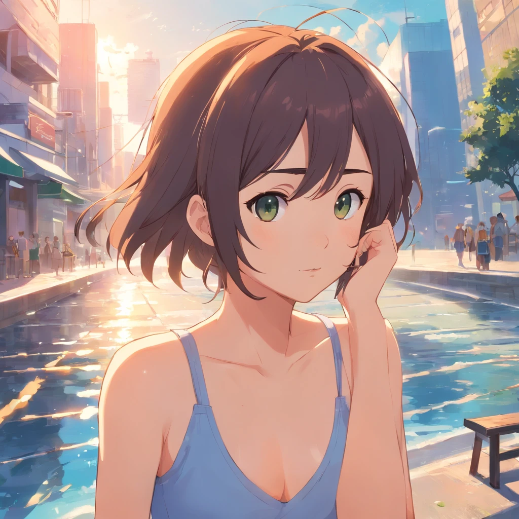 Anime girl in blue swimsuit standing on the street in front of a bench -  SeaArt AI