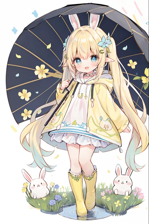1girl,rainbow,raincoat,yellow raincoat,rubber boots,hydrangea,flower,long hair,twintails,boots,blush,umbrella,open mouth,hair ornament,white background,hood,solo,teruterubouzu,very long hair,hood up,long sleeves,low twintails,bow,bangs,smile,animal hood,bl...