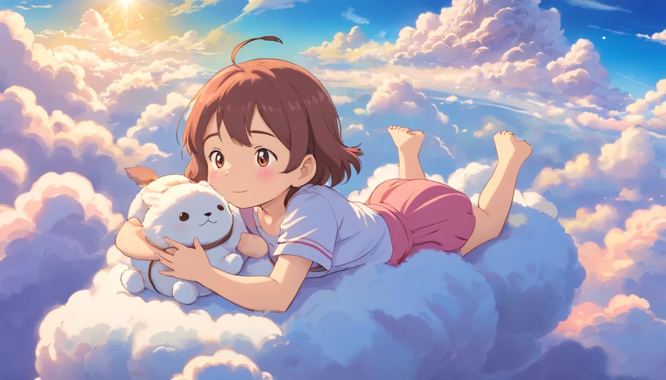 Anime girl laying on a cloud with a teddy bear - SeaArt AI