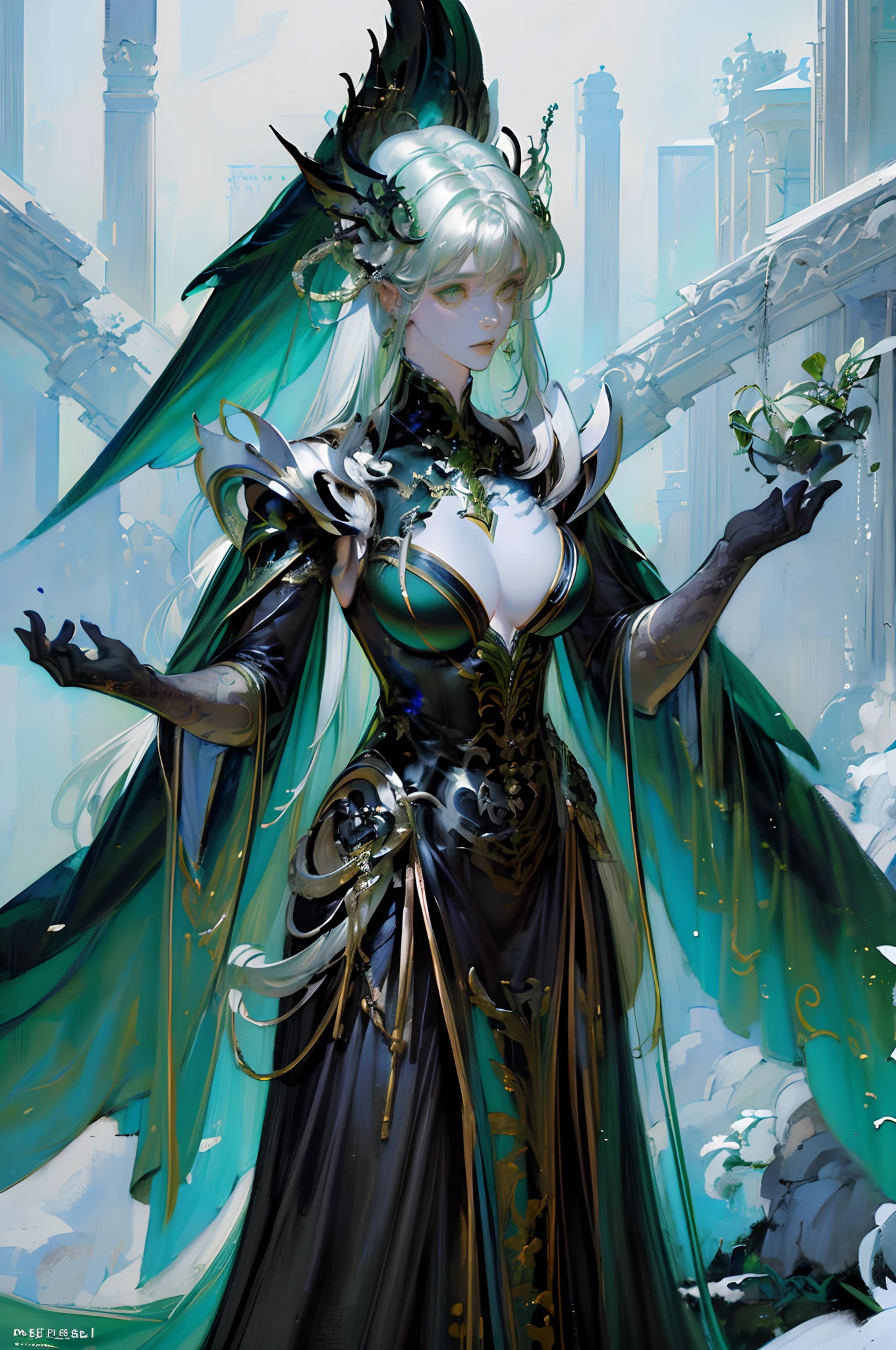 (Black and green color scheme:1.4)a close up of a woman in a women in a silver and blue dress, chengwei pan on artstation, by Yang J, detailed fantasy art, stunning character art, fanart best artstation, epic exquisite character art, beautiful armor, extremely detailed artgerm, Detailed digital anime art, Artgerm on ArtStation Pixiv, armor girl