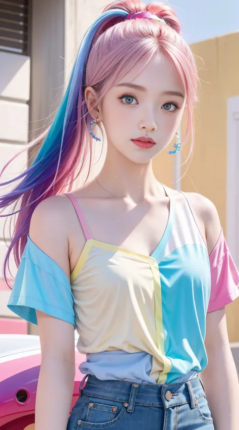 （Pink fashion camisole：1.9），（Colorful hair：1.8），（Rainbow all colors：1.8），（（（（Vertical painting：1.6)）），（painting of a：1.6），frontage，comic strip,illustration,painting of a,largeeyes,crystal-clear,（rainbow color gradient high ponytail：1.7）,Delicatemakeup,Keep...