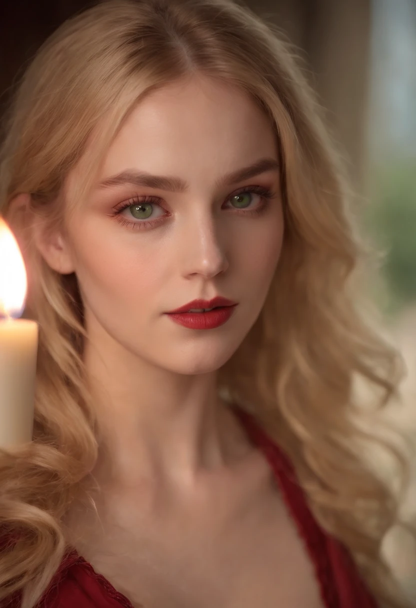 (((a deep reddish wound crosses her left cheek))) fair complexion, woman around 23 years old, natural blonde hair, distinctive green eyes, wearing red bikini, slender and graceful, beautiful, candlelight in a medieval setting, ultra sharp focus, realistic shot, medieval female clothes, tetradic colors (scar:1.4)