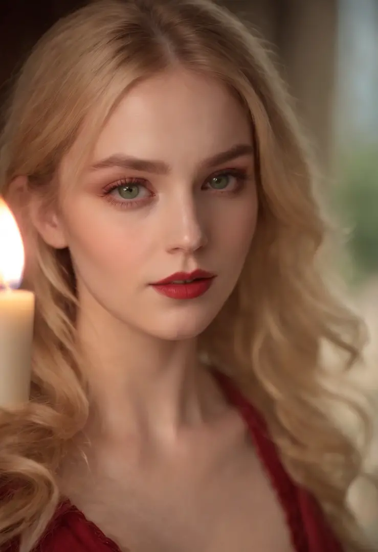 (((a deep reddish wound crosses her left cheek))) fair complexion, woman around 23 years old, natural blonde hair, distinctive green eyes, wearing red bikini, slender and graceful, beautiful, candlelight in a medieval setting, ultra sharp focus, realistic ...