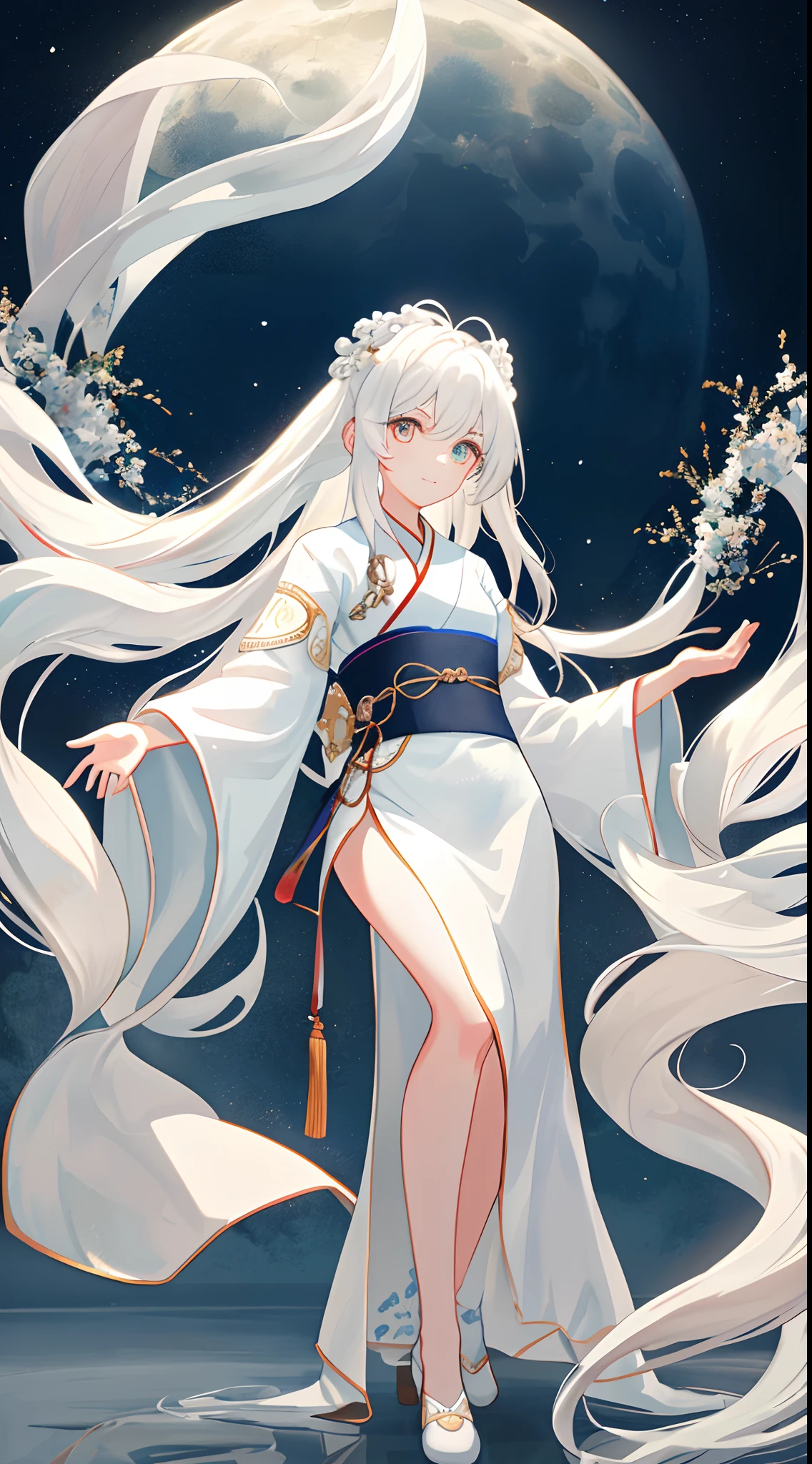 Kizi，White bathtub，Song dynasty Hanfu，see-through sleeves，Ruffle your hair，ssmile，Moon，Full body like，White fan gradient long hair，Messy hair，Movie Angle，floatking，（Beautiful detailed eyes），（Detailed lighting），cinmatic lighting，Beautiful detailed sky，（1girll），（long whitr hair），glowing light eyes，（lighting particle），（painting of a），rich colours，foamy，tinas