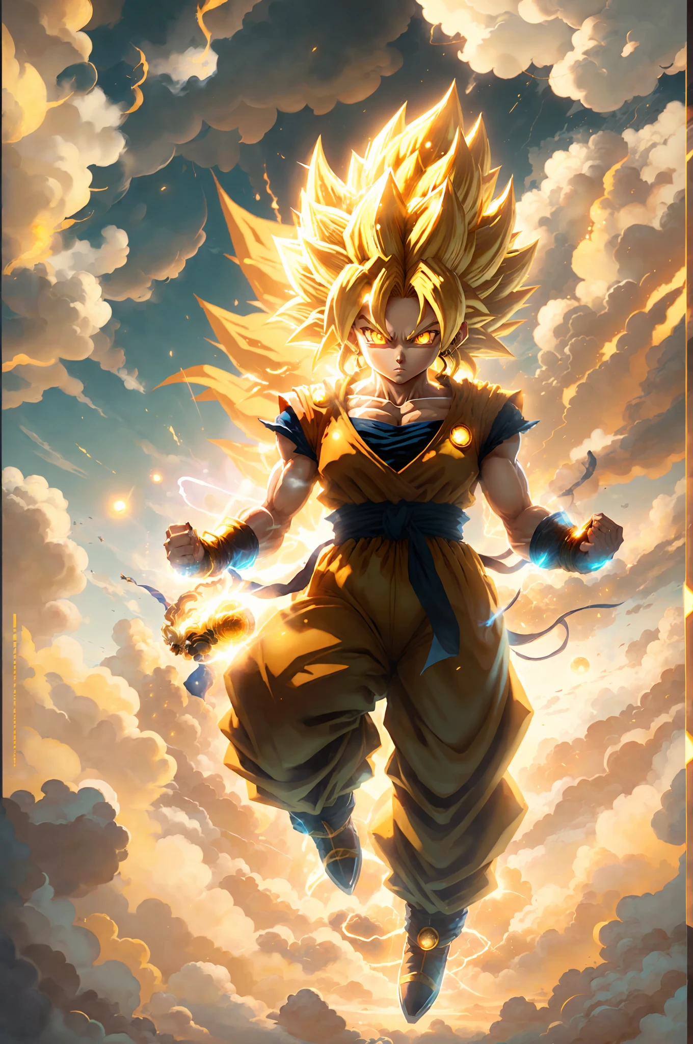((Masterpiece)), ((best quality)), ((super detailed)), (highly detailed CG illustration), stunning black and gold background, sky white cloud background, a cosplay super Saiyan Sun Goku girl standing on a yellow cloud, the cloud is too fast to pull out a long line,glowing bright yellow eyes，Clear facial features，Vivid expressions，GoPro，