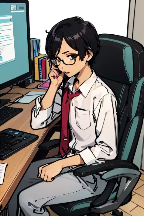 illustration，American，planar，Libido boy，office room，Face the computer，wears glasses