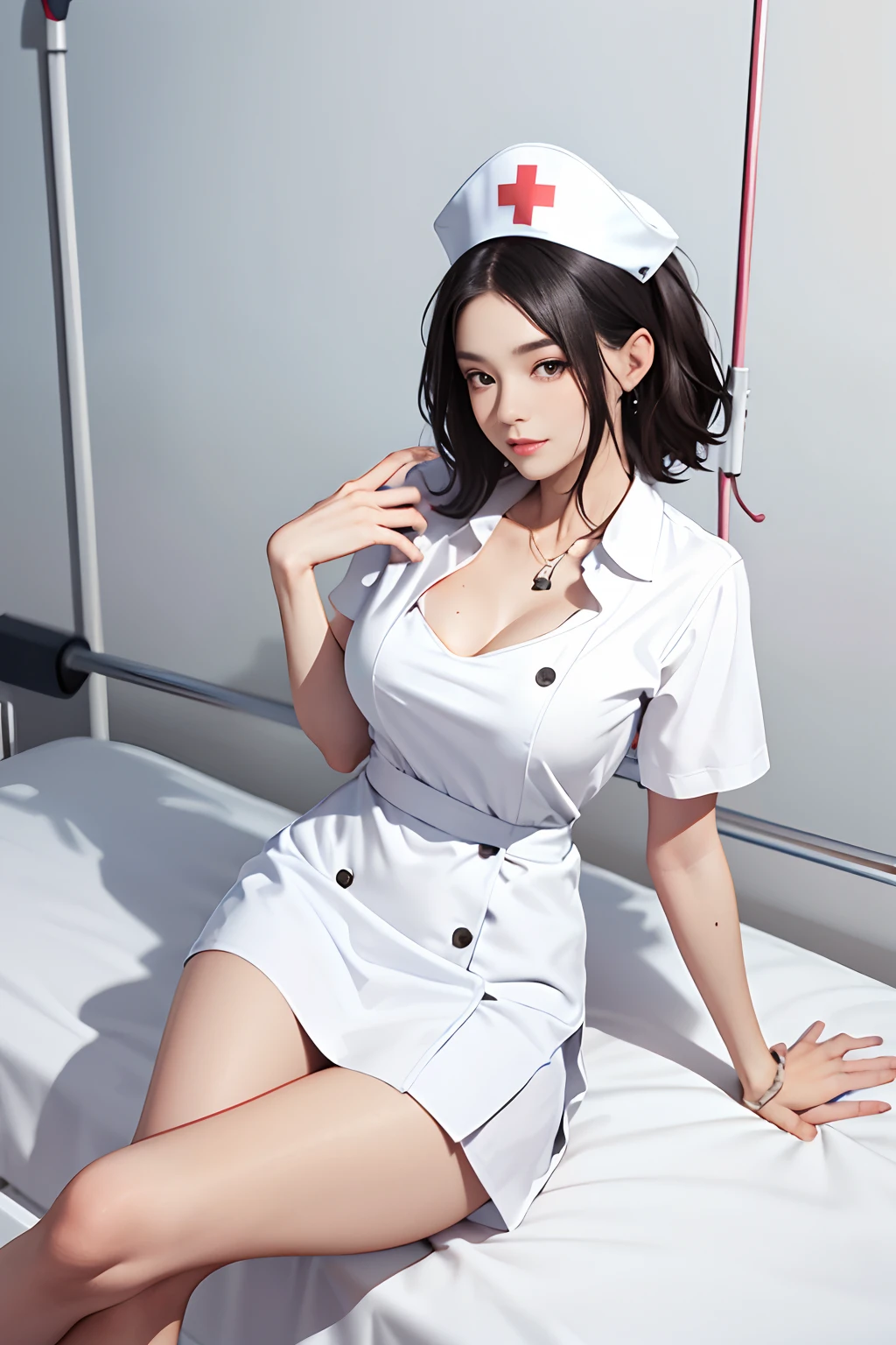 Arafed woman in a white nurse uniform sitting on a bed - SeaArt AI