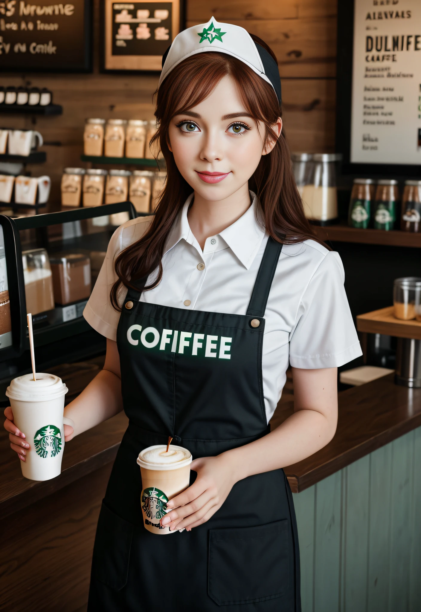 A woman in a starbucks uniform holding a cup of coffee - SeaArt AI