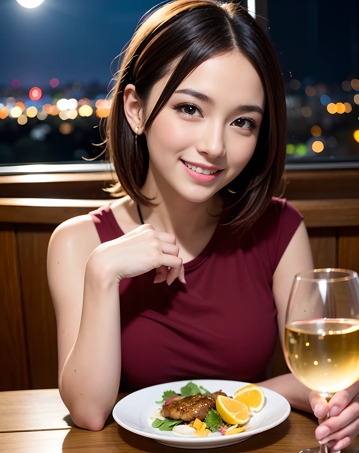 (K, UHD, top quality, masterpiece: 1.2), (realistic, photorealistic: 1.37), super detailed, pretty woman 1 person, (slim face), (slim body), (brown hair), (short cut), cheeks slightly blushing, (4), 3, solo, beautiful detailed urban night view outside the window, restaurant, wine glasses sit, at night, in a prominent placeNovaFrogStyle, Actress, Model, Waist Up, White Wine, Slim, Wine Glass, Super Clean Night View, Wine Glass Put in the Middle, Happy Smile, (Smile: 1.15), Beautiful Fine Eyes, Upper Body, Bust Japan Up, Night, Short, Short, Actress, Model, Waist Up, White Wine, Slim, Wine Glass, Super Clean Night View, Wine Glass Put in the Middle, Happy Smile,