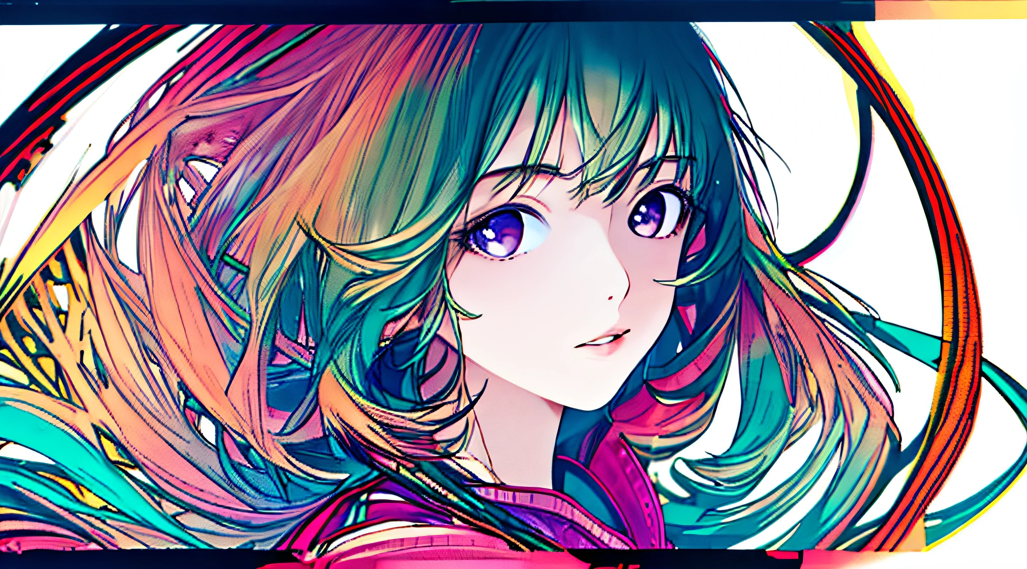 (best quality,4k,8k,highres,masterpiece:1.2),ultra-detailed,realistic,photorealistic:1.37,portrait,girl,pink,blue,purple,gold,yellow,long hair,white background,eye contact,simple background,black hair,yellow eyes,multi-colored hair,portrait,fringe,closed lips,separated lips,full body,separated fringe,green hair