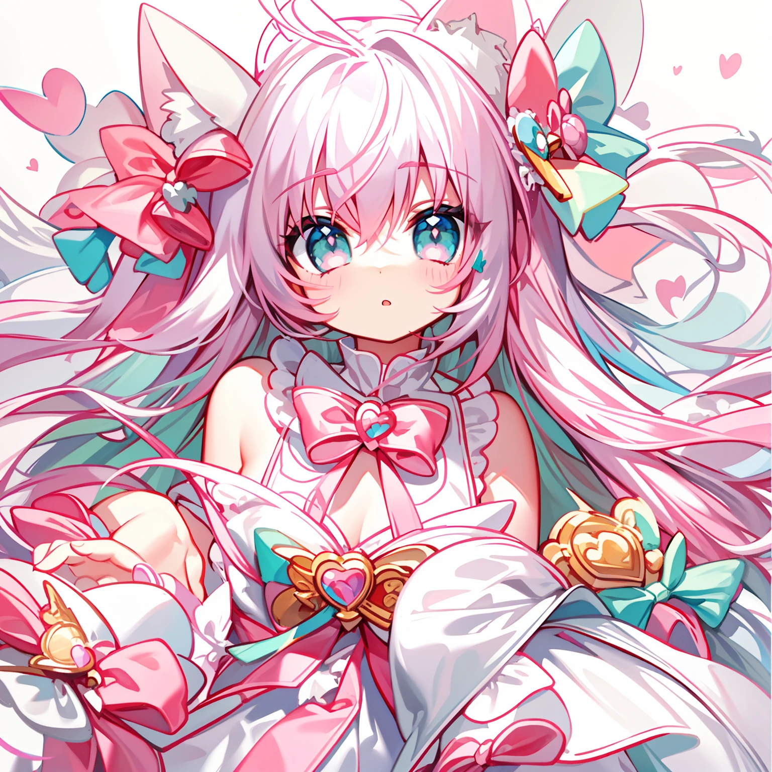 Masterpiece,Best quality, White background, (10:1girll), (10:One guy), Very long hair, White and pink hair , Love decoration, White and pink pair of cat ears ,Break multiple cyan and pink bows , Cyan eyes , Look straight ahead , love heart ,Break the pink bow tie , White clothes , vred