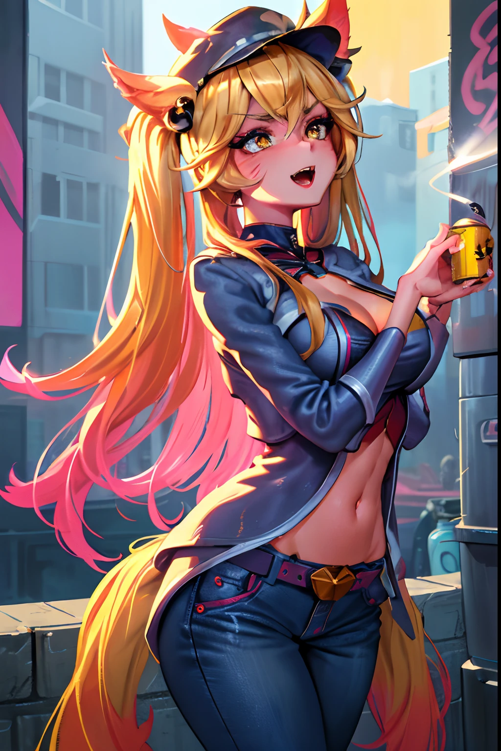 Original Character, Volumetric Lighting, Best Shadows, Shallow Depth of Field, Portrait Of Stunningly Beautiful Girl, Petite, Delicate Beautiful Attractive Face With Alluring Yellow Eyes, Messy Painted Face, Sharp Eyebrows, Broadly Smiling, Open Mouth, Fangs Out, Lovely Medium Breasts, Layered Long Twintail Blond Hair, Blush Eyeshadow, Thick Eyelashes, Applejack Hat, Oversized Pop Jacket, Mini Underboob Tee, Open Navel, Slim Waist, Denim Jeans Pants, With Buckle Belt, In The Graffiti Alley, Waste Container, Outside Stairs, Outdoor Unit, Holding Spray Paint Can, Standing, (Highest Quality, Amazing Details:1.25), (Solo:1.3), Brilliant Colorful Paintings