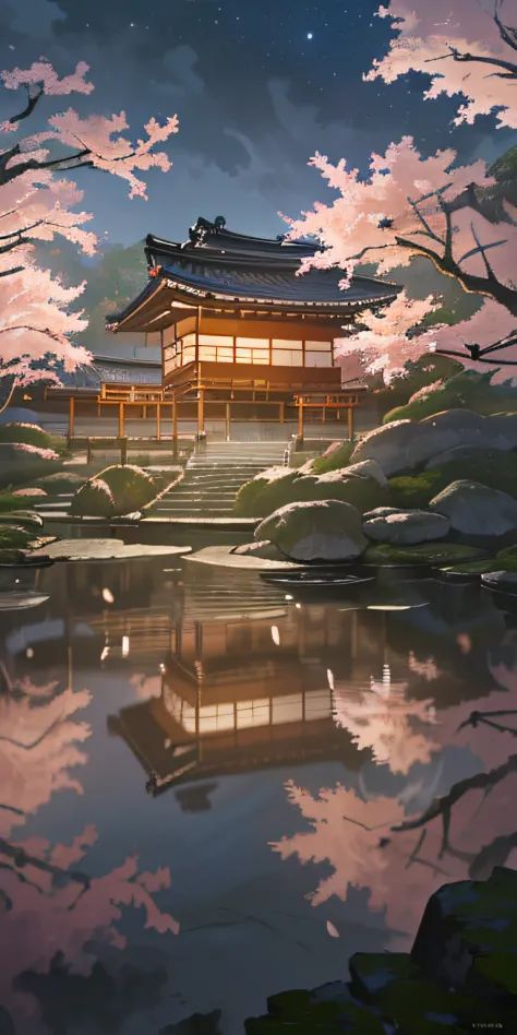 ((best quality)), ((masterpiece)), oil painting, (long unevenly placed white stones road between Japanese gardens full of Sakura...