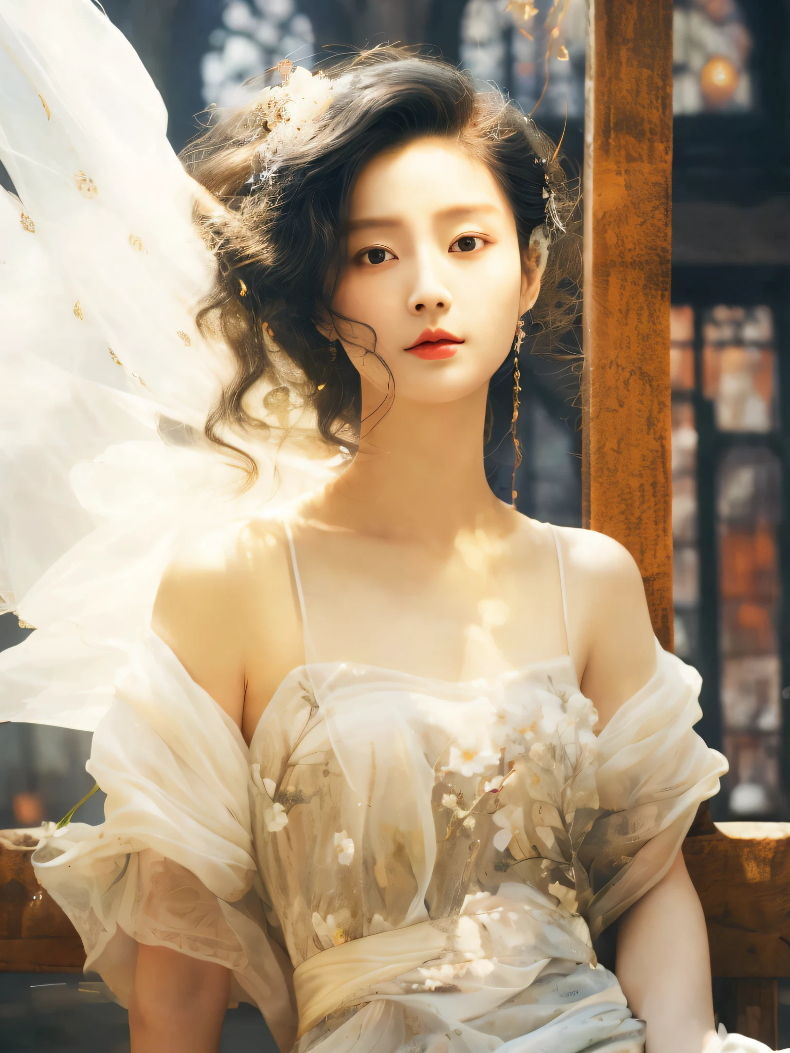 araffe woman in a white dress sitting on a bench, Zhang Jingna, Inspired by Tang Yifen, author：Zhang Han, Ethereal beauty, Guviz, a stunning young ethereal figure, young wan angel, shaxi, gorgeous chinese models, Inspired by Ai Xuan, Guviz-style artwork, ruan jia beautiful!