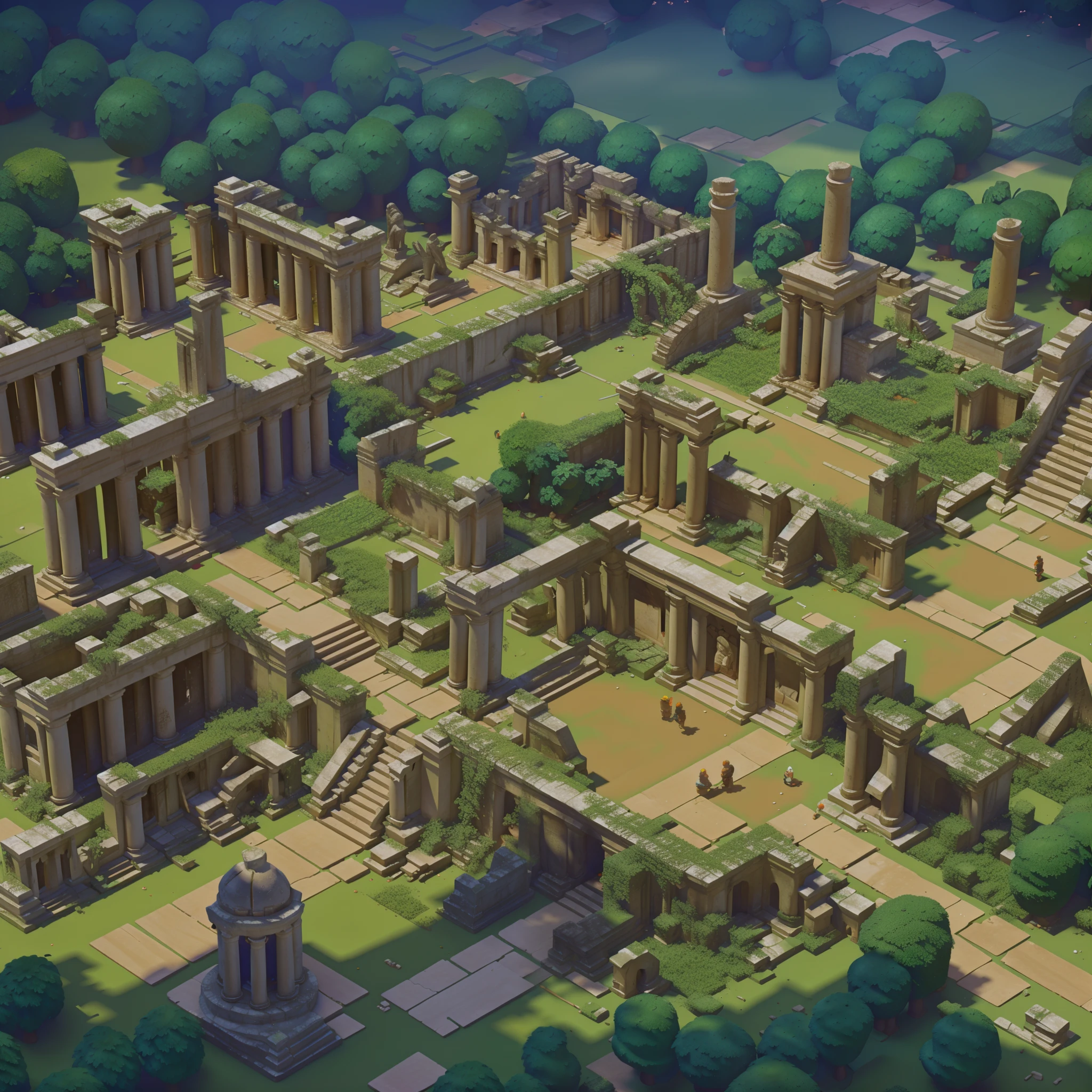 European style，Card ventilation，Ruins in the jungle，Dense jungle shelter，A large area of collapsed houses，Ancient ruins，Hidden ruins，Shocking scene，（The remains have broken columns，Collapsed walls，broken statues），weeds，High-quality 3D